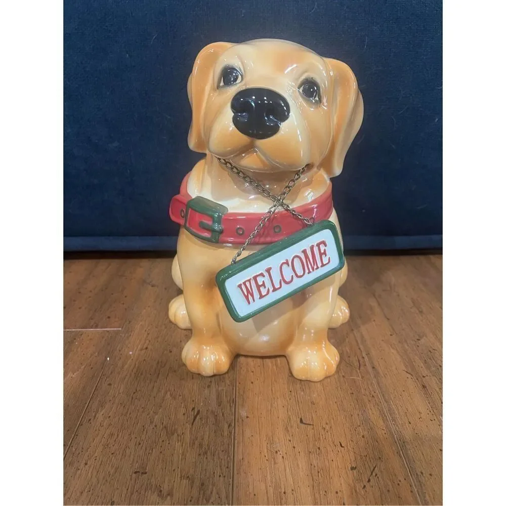 CKRO Puppy Dog Ceramic Merry Christmas or Welcome Sign Cookie Jar